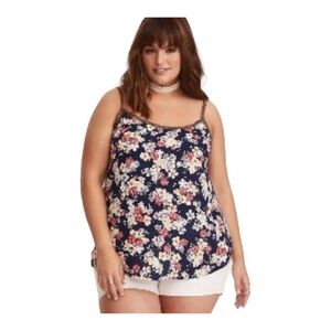 Torrid Challis Lace-Up Swing Cami Black Floral Sleeveless Scoop Neck Lightweight